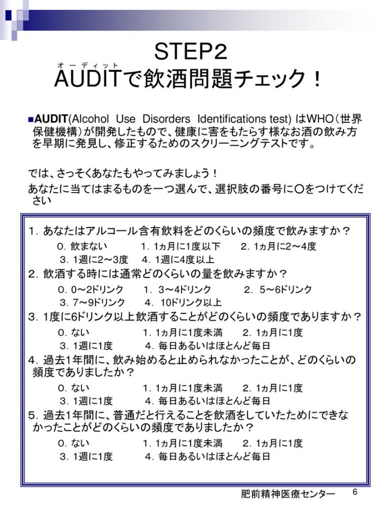研修で使用したワークブックの一部で酒飲酒量や飲酒問題をチェックできます。